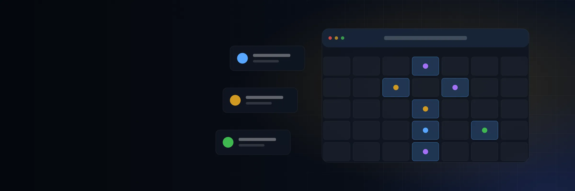 Illustration of a monthly calendar with highlighted event days and three event cards.